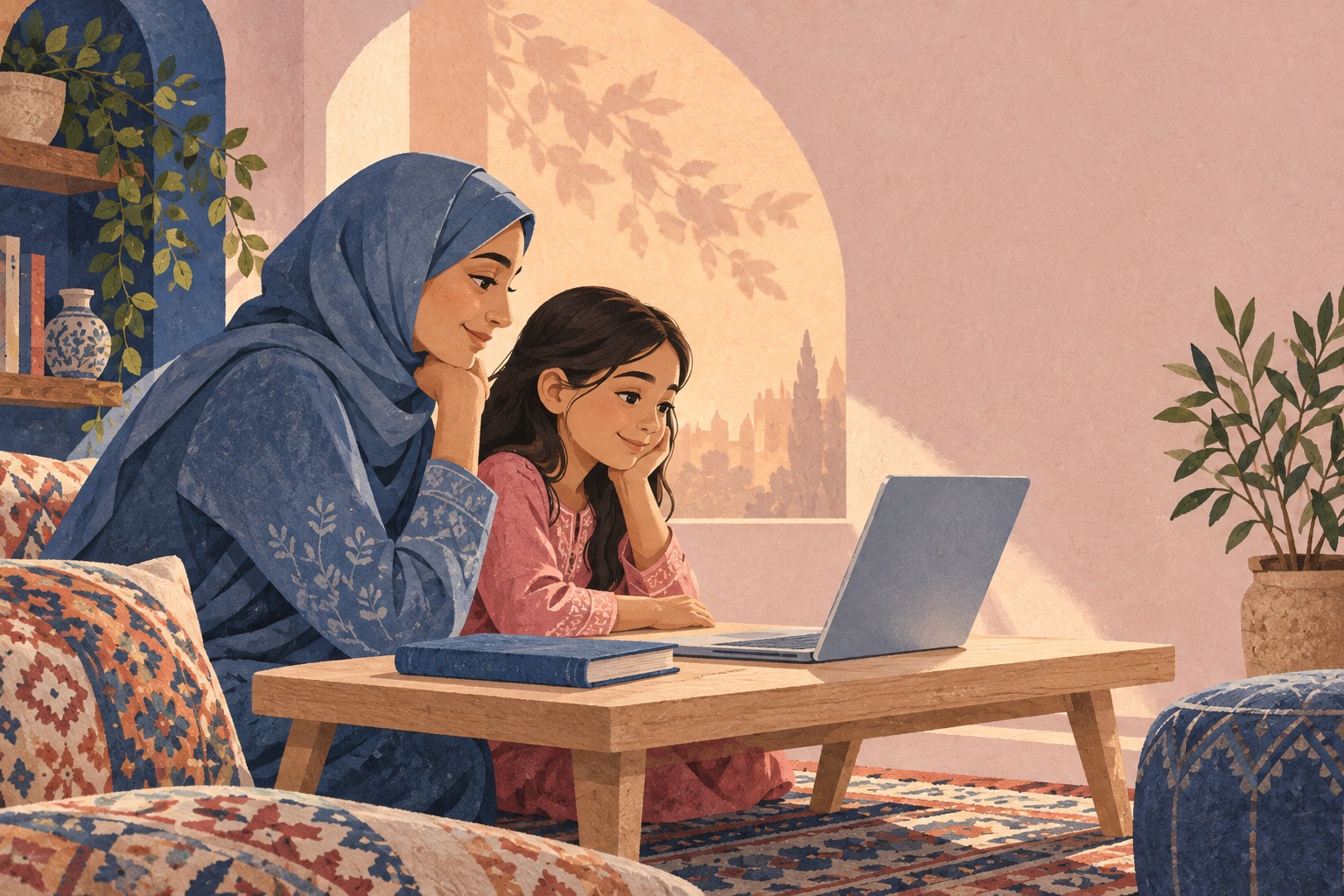 Illustration of a mother and daughter learning together at home